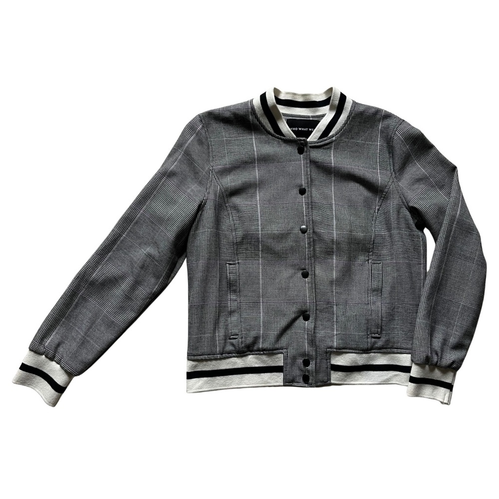 Women's Plaid Varsity Bomber Jacket Collegiate Sporty Preppy Black White Purple
